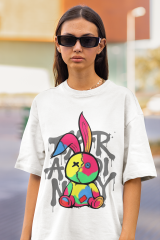 Oversize Unisex T-shirt Beyaz 'Colorful Rabbit' Baskılı