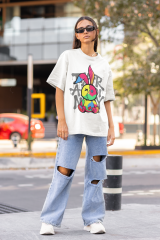 Oversize Unisex T-shirt Beyaz 'Colorful Rabbit' Baskılı