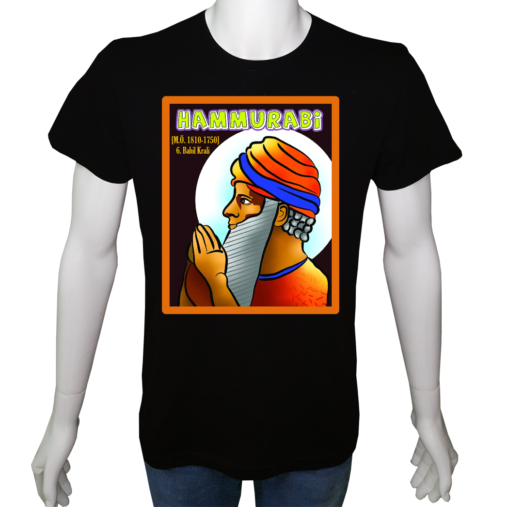 Unisex T-shirt Siyah 'Antik Kültürler / Hammurabi2' Baskılı