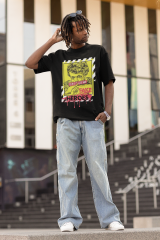 Oversize Unisex T-shirt Siyah 'Fake Heroes' Baskılı