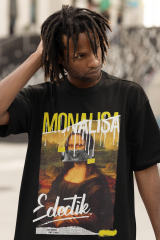 Oversize Unisex T-shirt Siyah 'Mona Lisa1' Baskılı