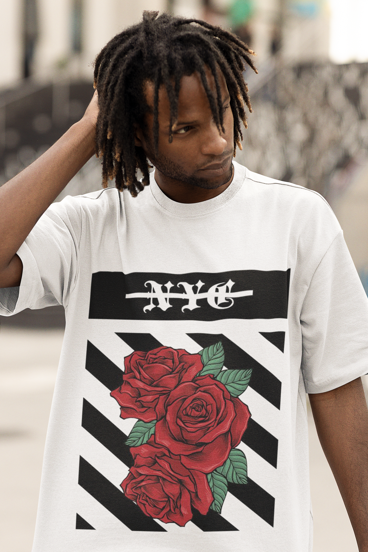 Oversize Unisex T-shirt Beyaz 'Red Roses' Baskılı