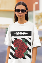 Oversize Unisex T-shirt Beyaz 'Red Roses' Baskılı