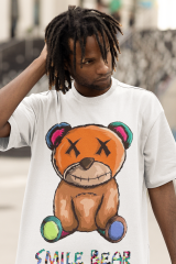 Oversize Unisex T-shirt Beyaz 'Smile Bear' Baskılı