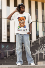 Oversize Unisex T-shirt Beyaz 'Smile Bear' Baskılı
