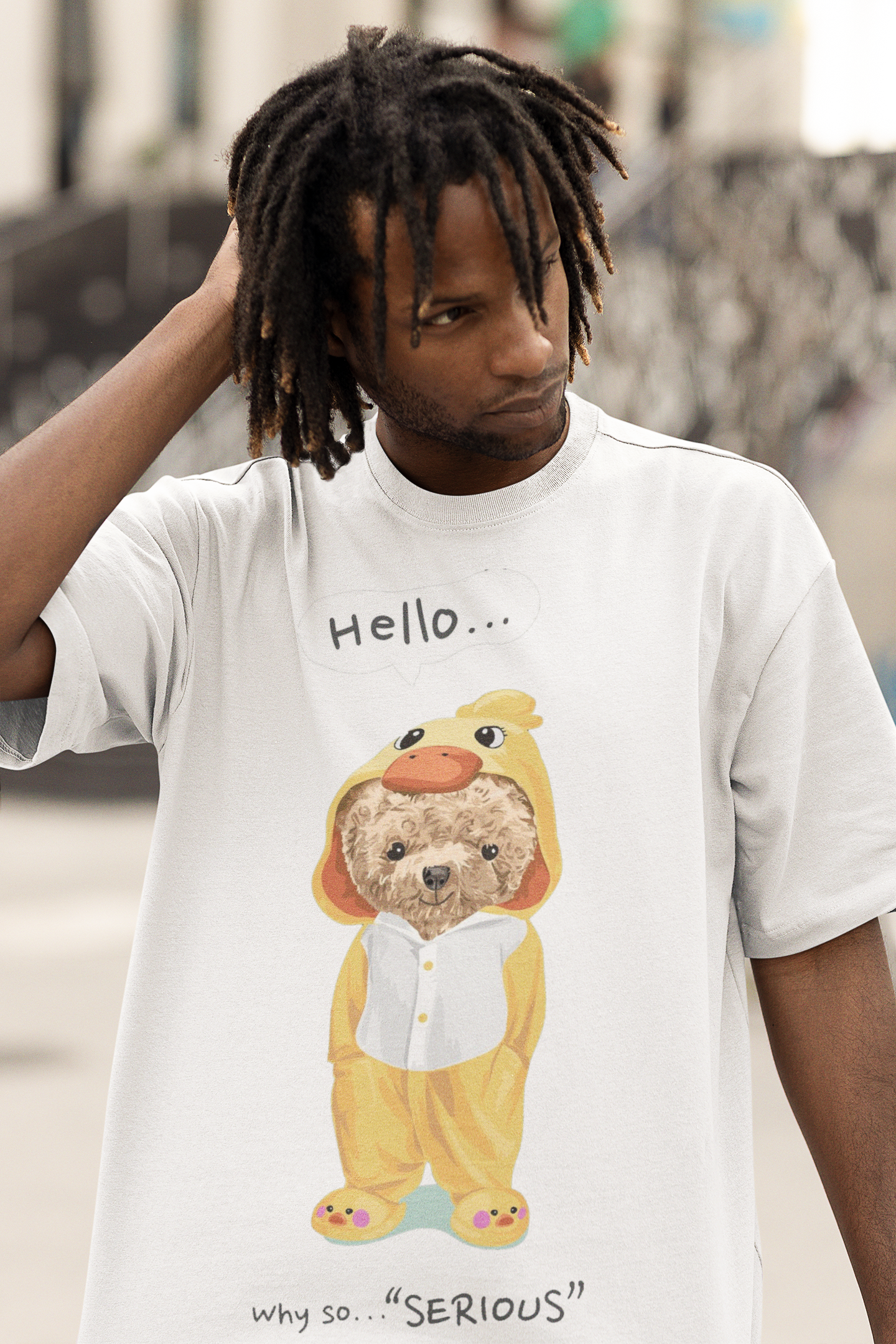 Oversize Unisex T-shirt Beyaz 'Duck Bear' Baskılı