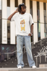 Oversize Unisex T-shirt Beyaz 'Duck Bear' Baskılı