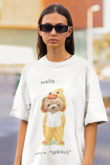 Oversize Unisex T-shirt Beyaz 'Duck Bear' Baskılı