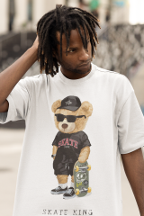 Oversize Unisex T-shirt Beyaz 'Skate King Bear' Baskılı