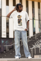 Oversize Unisex T-shirt Beyaz 'Skate King Bear' Baskılı