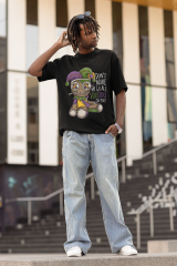 Oversize Unisex T-shirt Siyah 'Voodoo Doll' Baskılı