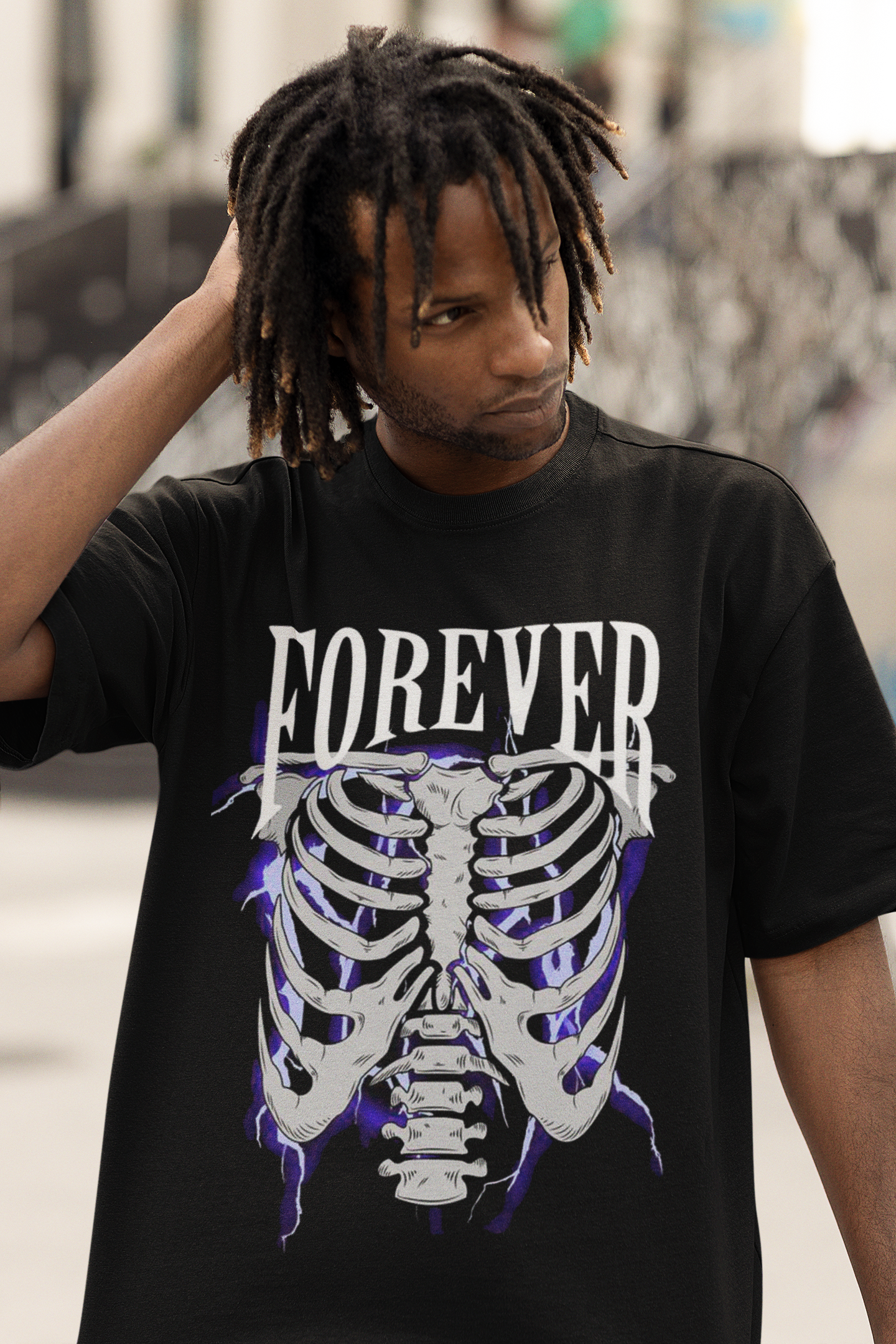 Oversize Unisex T-shirt Siyah 'Forever Rib' Baskılı