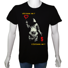 Unisex T-shirt Siyah 'Uyandırma Servisi / VicdanMıCüzdanMı1' Baskılı