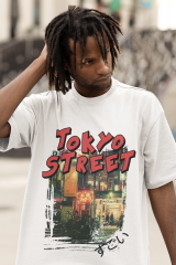 Oversize Unisex T-shirt Beyaz 'Tokyo Street' Baskılı