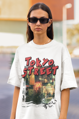 Oversize Unisex T-shirt Beyaz 'Tokyo Street' Baskılı