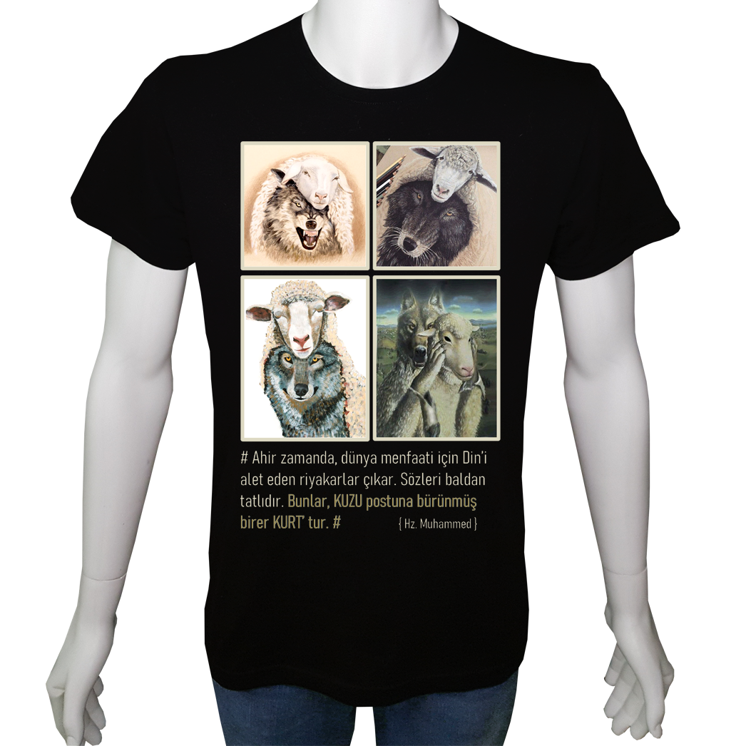 Unisex T-shirt Siyah 'Din&İnanç / Kurt&Kuzu' 2Baskılı