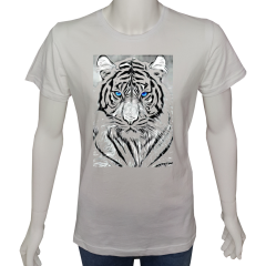 Unisex T-shirt Beyaz 'Serin Beyaz / Kaplan' Baskılı