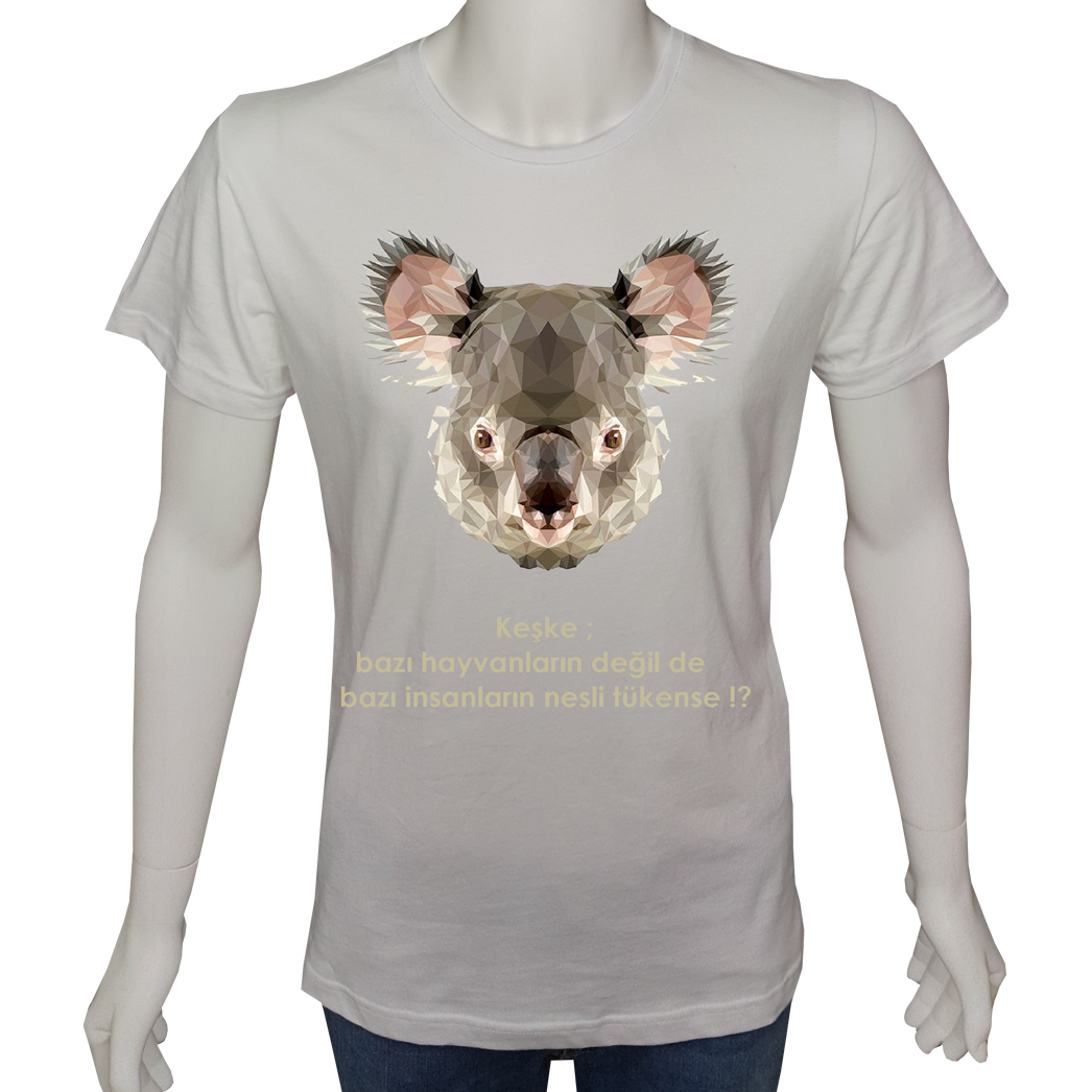 Unisex T-shirt Beyaz 'Serin Beyaz / Koala' Baskılı