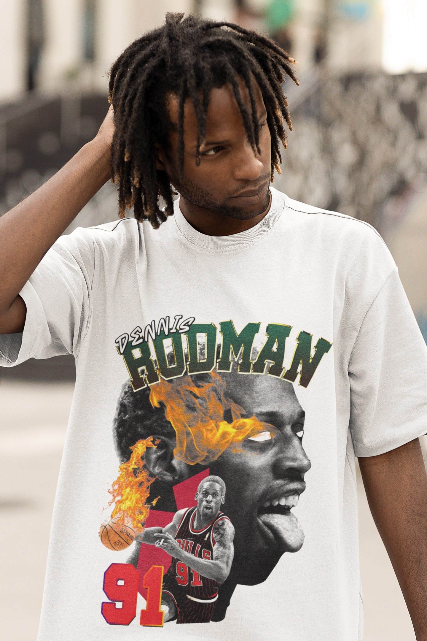 Oversize Unisex T-shirt Beyaz 'Dennis Rodman' Baskılı