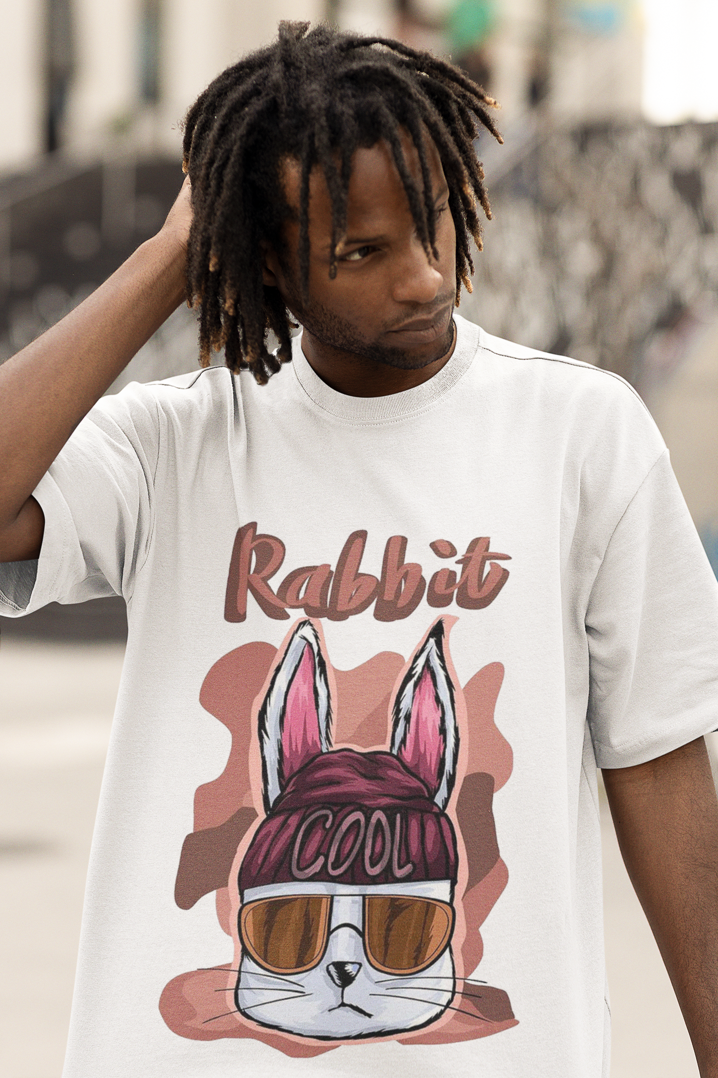 Oversize Unisex T-shirt Beyaz 'Cool Rabbit' Baskılı