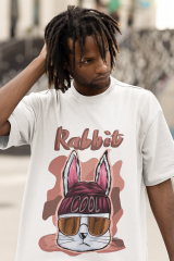 Oversize Unisex T-shirt Beyaz 'Cool Rabbit' Baskılı