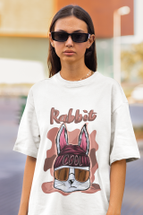 Oversize Unisex T-shirt Beyaz 'Cool Rabbit' Baskılı
