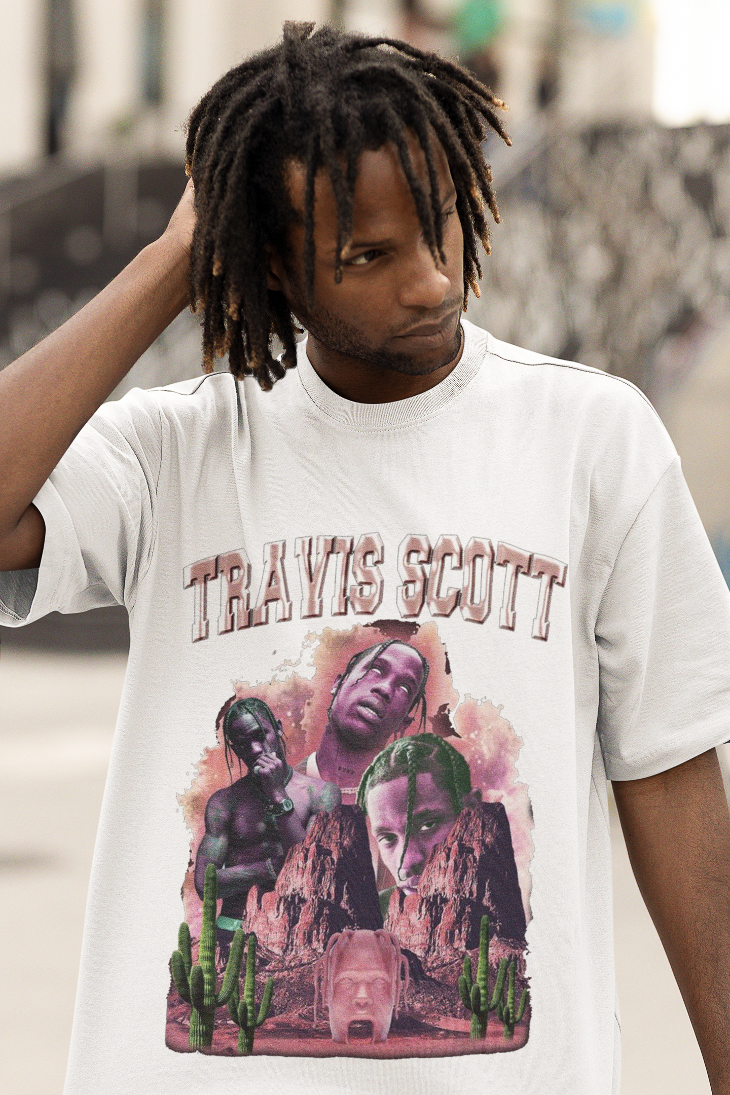 Oversize Unisex T-shirt Beyaz 'Travis Scott1' Baskılı