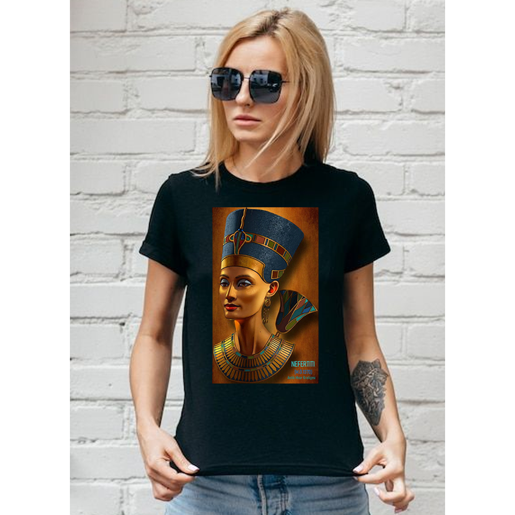 Kadın T-shirt Siyah 'Nefertiti' Baskılı