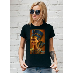 Kadın T-shirt Siyah 'Nefertiti' Baskılı