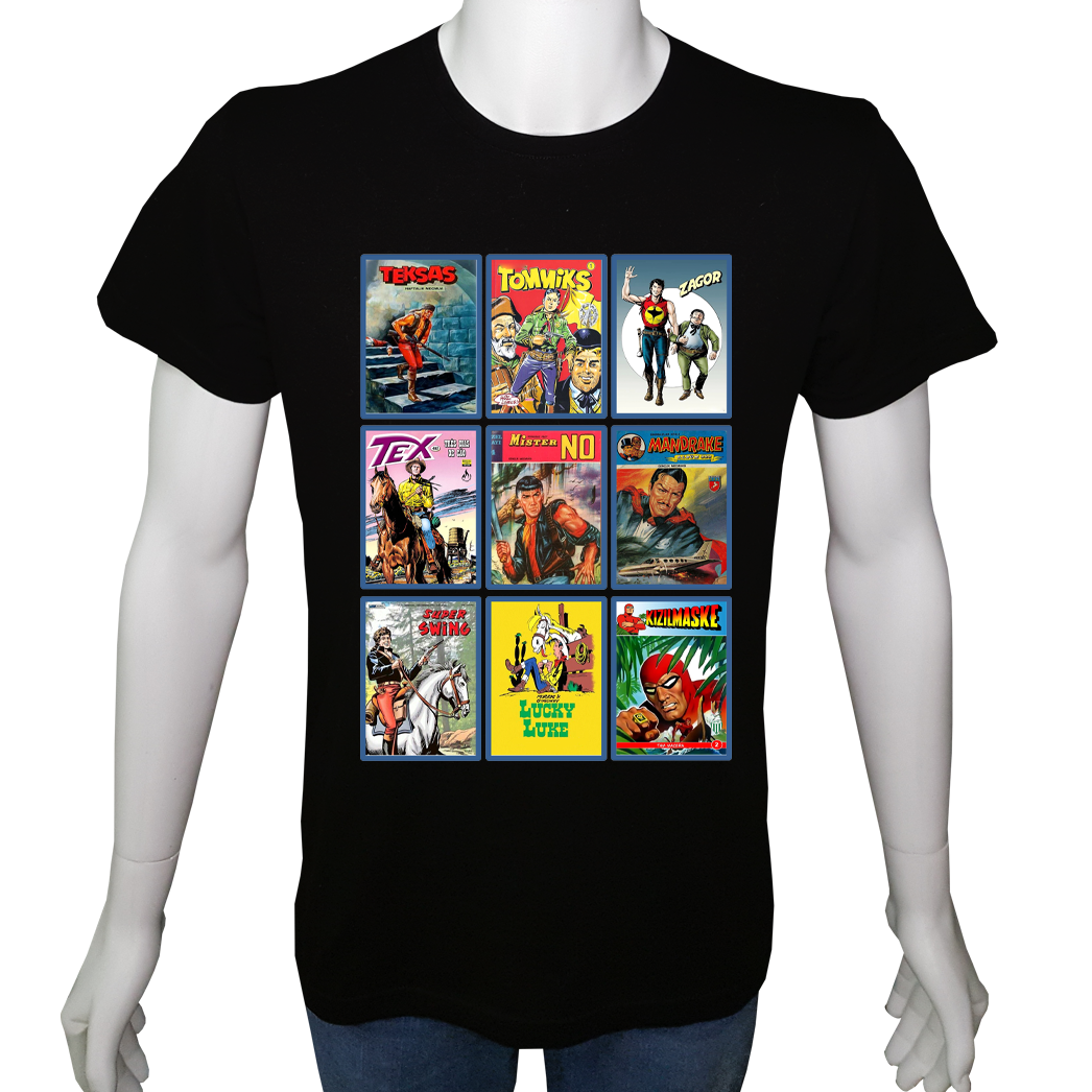 Unisex T-shirt Siyah 'Çizgi Film&Roman / Teksas&Tommiks' Baskılı