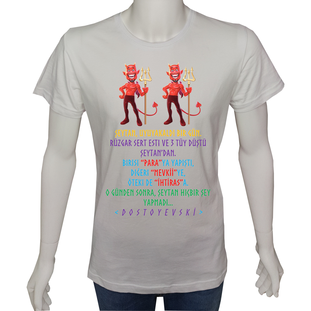 Unisex T-shirt Beyaz 'UyandırmaServisi / Şeytan1' Baskılı