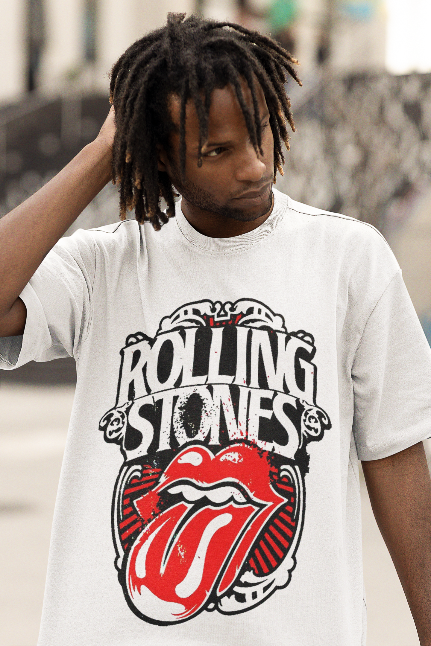 Oversize Unisex T-shirt Beyaz 'Rolling Stones' Baskılı