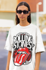 Oversize Unisex T-shirt Beyaz 'Rolling Stones' Baskılı