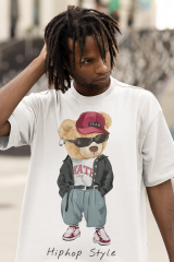 Oversize Unisex T-shirt Beyaz 'Hiphop Bear' Baskılı