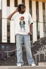 Oversize Unisex T-shirt Beyaz 'Hiphop Bear' Baskılı