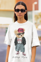 Oversize Unisex T-shirt Beyaz 'Hiphop Bear' Baskılı