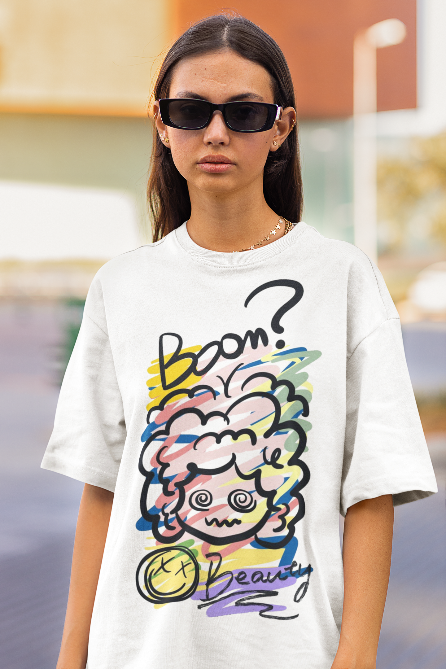 Oversize Unisex T-shirt Beyaz 'Boom Beauty' Baskılı