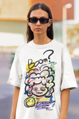 Oversize Unisex T-shirt Beyaz 'Boom Beauty' Baskılı