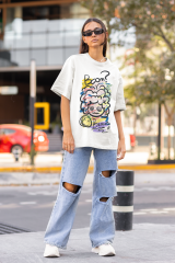 Oversize Unisex T-shirt Beyaz 'Boom Beauty' Baskılı