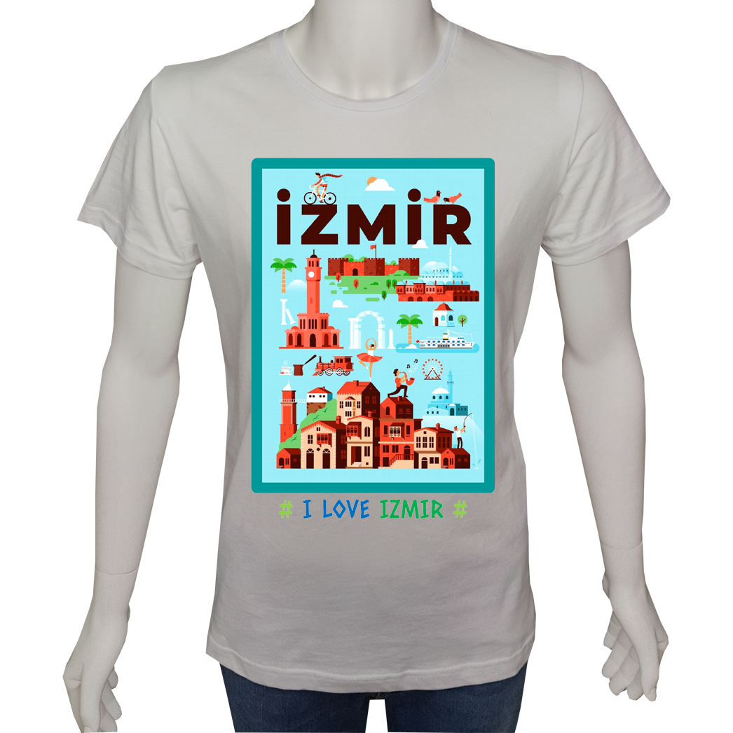 Regular Unisex T-shirt Beyaz 'Ülke&Şehir / İzmir2' Baskılı