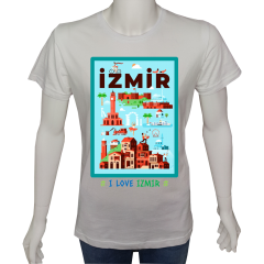 Regular Unisex T-shirt Beyaz 'Ülke&Şehir / İzmir2' Baskılı