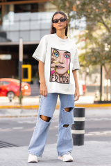 Oversize Unisex T-shirt Beyaz 'Focus' Baskılı