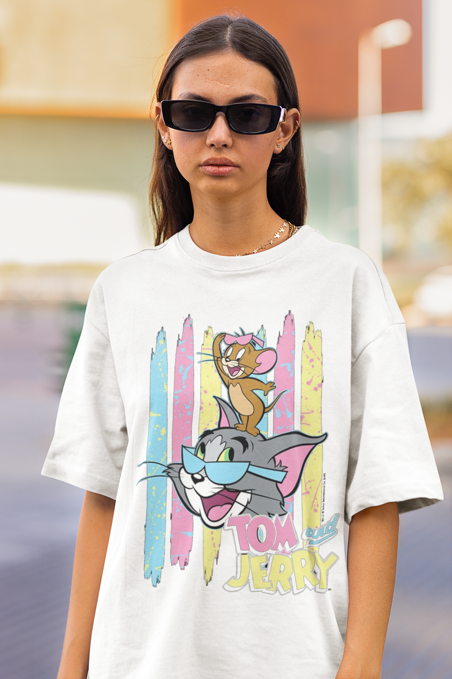 Oversize Unisex T-shirt Beyaz 'Tom&Jerry' Baskılı