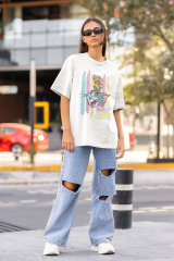 Oversize Unisex T-shirt Beyaz 'Tom&Jerry' Baskılı