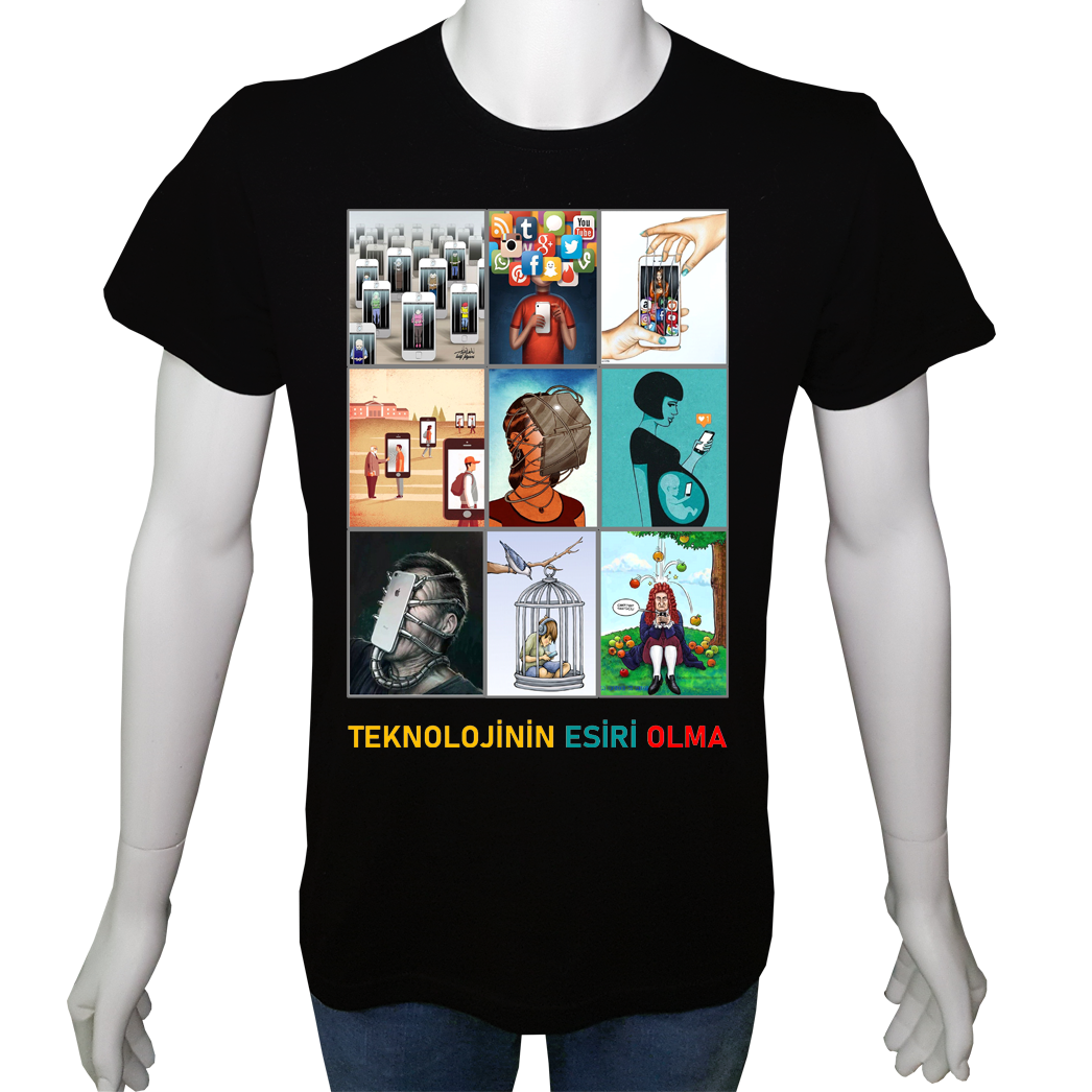 Unisex T-shirt Siyah 'UyandırmaServisi / TeknolojininEsiriOlma' Baskılı
