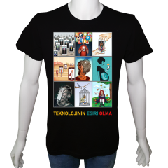 Unisex T-shirt Siyah 'UyandırmaServisi / TeknolojininEsiriOlma' Baskılı
