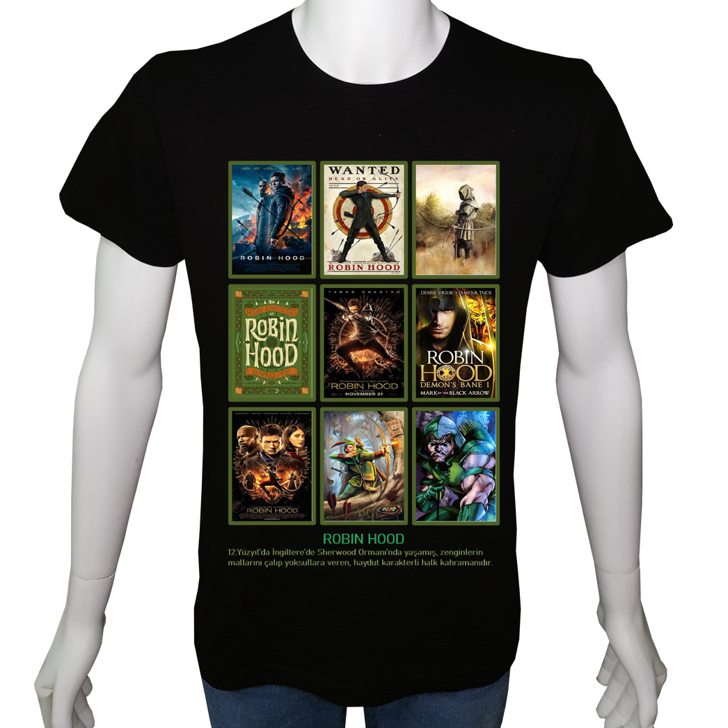 Unisex T-shirt Siyah 'Sinema&Dizi/RobinHood1' 2Baskılı
