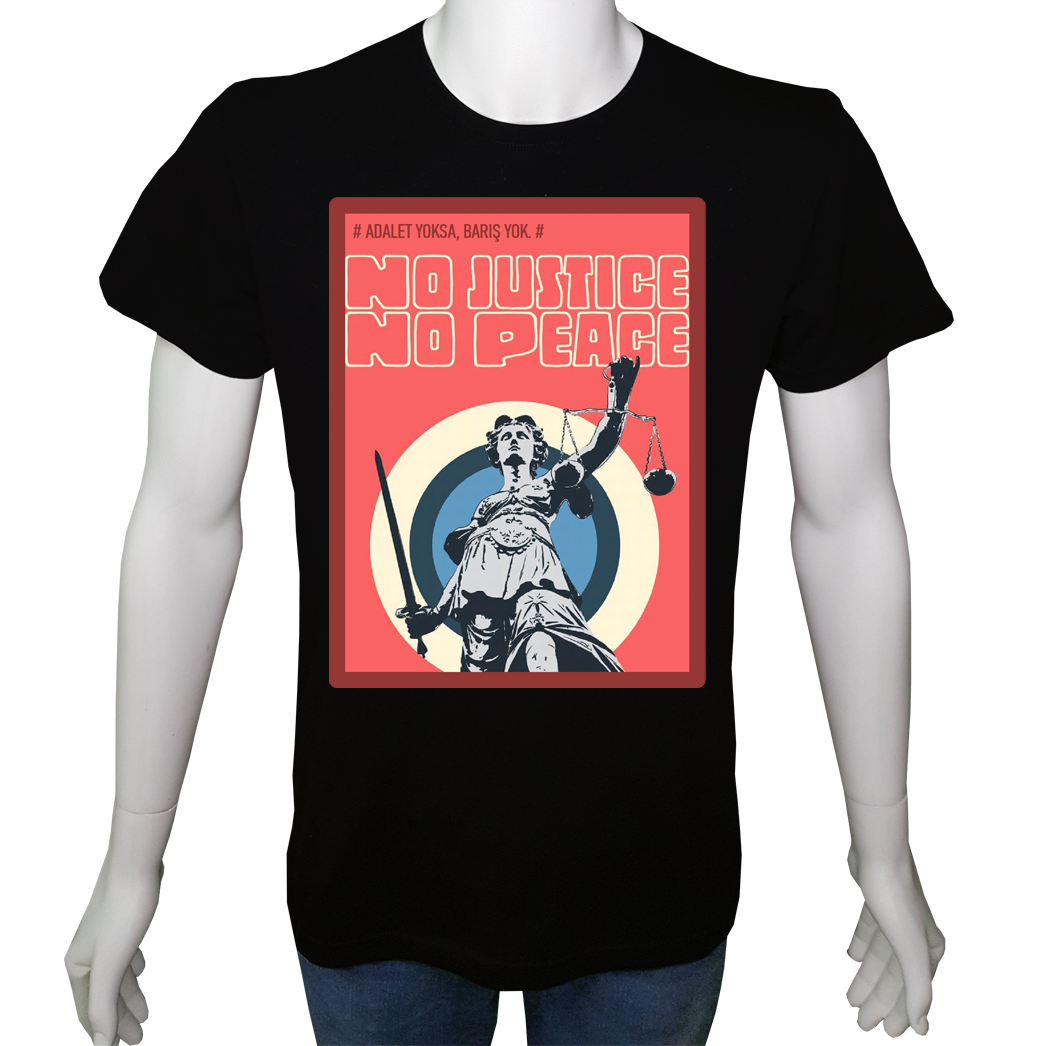Unisex T-shirt Siyah 'UyandırmaServisi / AdaletYoksaBarışYok' Baskılı