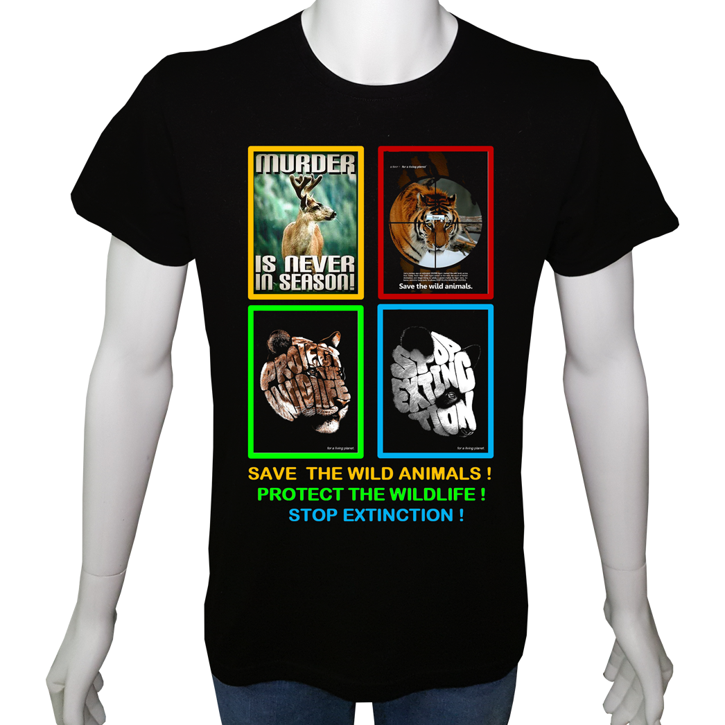 Unisex T-shirt Siyah 'Doğa&Çevre / Vahşi hayvanları koru1' Baskılı