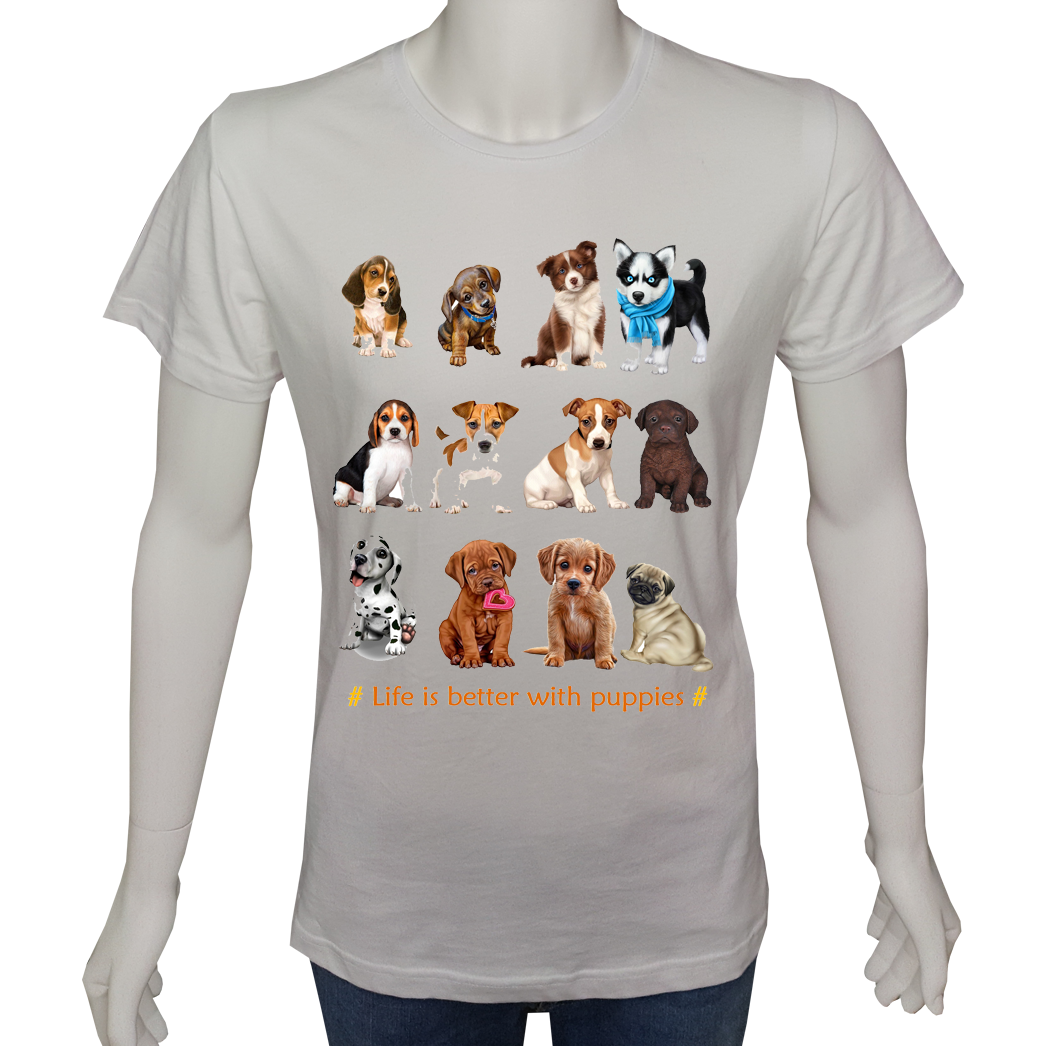Unisex T-shirt Beyaz 'Hayvanlar / Yavru Köpekler1' Baskılı